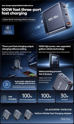 Remax U2 Utazó Gyorstöltő USB-A+USB-C GaN Adapter - 100W