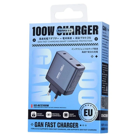 Remax U2 Utazó Gyorstöltő USB-A+USB-C GaN Adapter - 100W
