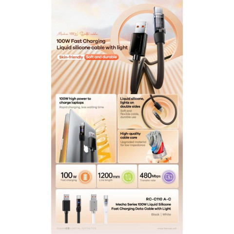 Remax Mecha Series Liquid Silicone Hajlékony USB-A - Type-C gyorstöltő kábel 100W - Fehér
