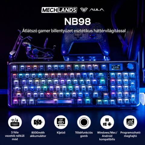 AULA NB98 Vezeték Nélküli Mechanikus Gamer Billentyűzet - Átlátszó