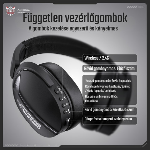 Onikuma GT887 4-Mode Vezeték Nélküli Gamer Headset - Fekete