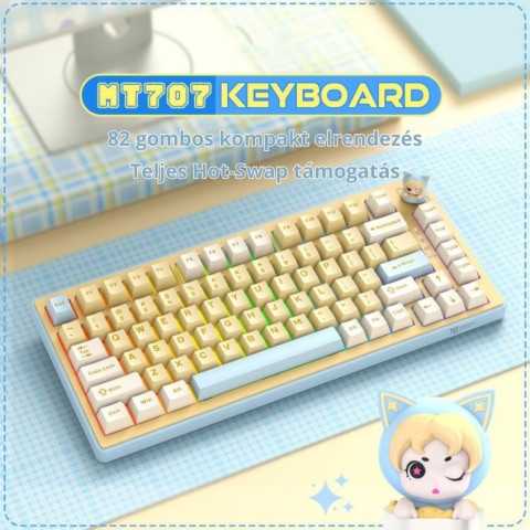 Onikuma MT707 Tri-Mode Vezeték Nélküli Mechanikus Gamer Billentyűzet - Sárga