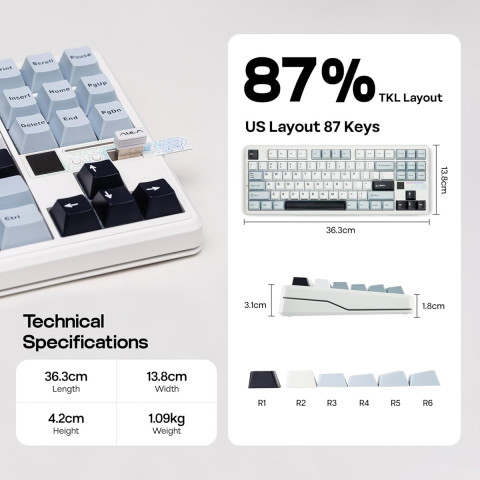 AULA F87 PRO V2 Vezeték Nélküli Mechanikus Gamer Billentyűzet - Fehér-Kék