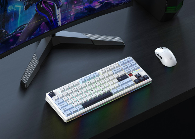 AULA F87 PRO V2 Vezeték Nélküli Mechanikus Gamer Billentyűzet - Fehér-Kék