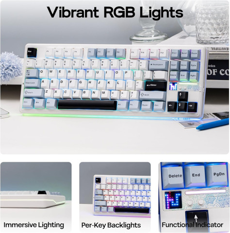AULA F87 PRO V2 Vezeték Nélküli Mechanikus Gamer Billentyűzet - Fehér-Kék