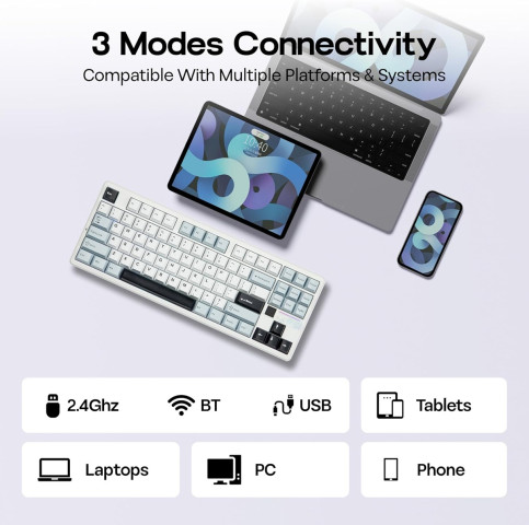 AULA F87 PRO V2 Vezeték Nélküli Mechanikus Gamer Billentyűzet - Fehér-Kék