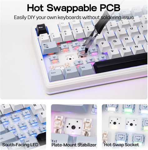 AULA F87 PRO V2 Vezeték Nélküli Mechanikus Gamer Billentyűzet - Fehér-Kék