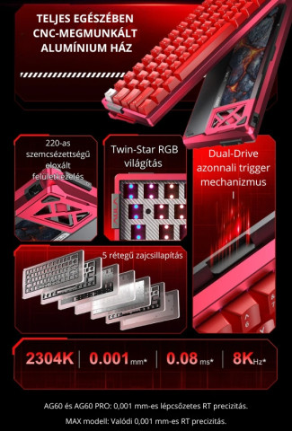 AULA AG60 PRO eSport Magnetic Switch Mechanikus Gamer Billentyűzet - Piros