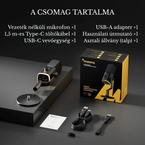 MAONO PD100WS Vezeték Nélküli Streamer Mikrofon RGB + Tartókar Kit- Fekete