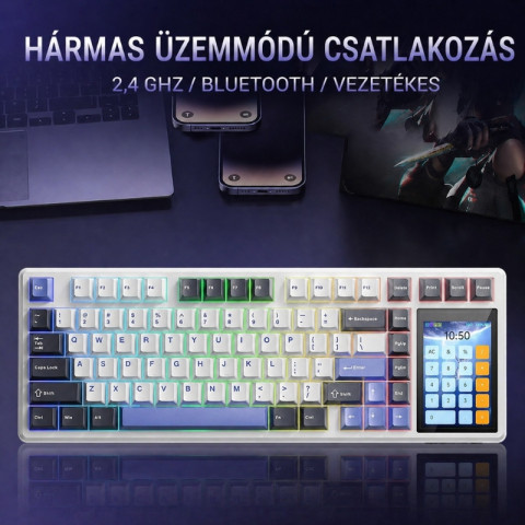 AULA L99 Tri-Mode Vezeték Nélküli Mechanikus Gamer Billentyűzet Érintőképernyővel - Fehér