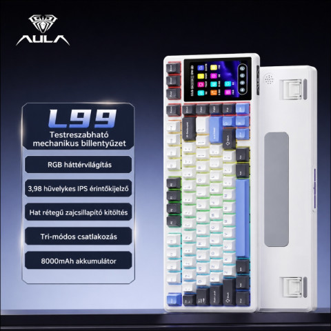 AULA L99 Tri-Mode Vezeték Nélküli Mechanikus Gamer Billentyűzet Érintőképernyővel - Fehér