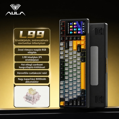 AULA L99 Tri-Mode Vezeték Nélküli Mechanikus Gamer Billentyűzet Érintőképernyővel - Fekete