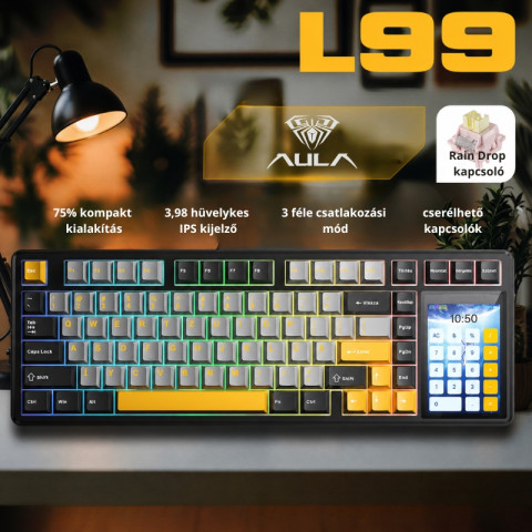 AULA L99 Tri-Mode Vezeték Nélküli Mechanikus Gamer Billentyűzet Érintőképernyővel - Fekete