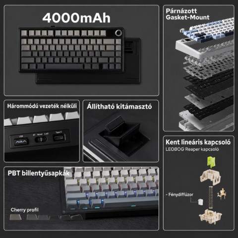 AULA F75 Max Vezeték Nélküli Mechanikus Gamer Billentyűzet - Fekete Contour