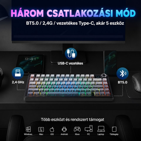 AULA F75 Max Vezeték Nélküli Mechanikus Gamer Billentyűzet - Fekete Contour