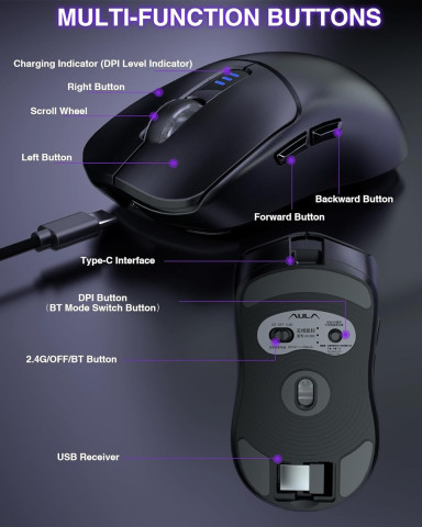 AULA SC580X Tri-Mode Vezeték Nélküli Gamer Egér - Fekete
