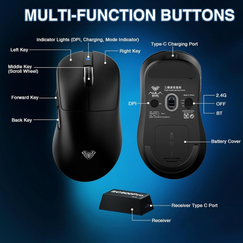 AULA SC900 Pro Tri-Mode Vezeték Nélküli Gamer Egér - Fekete