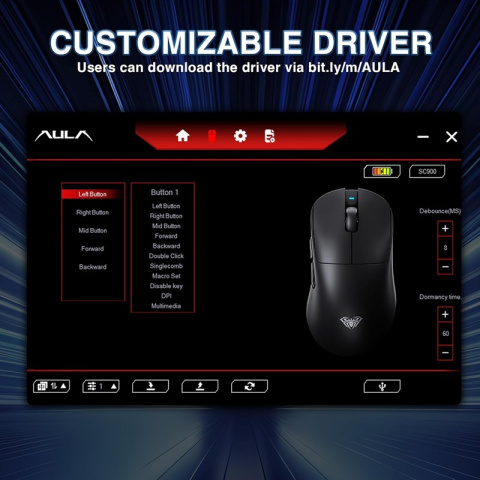 AULA SC900 Pro Tri-Mode Vezeték Nélküli Gamer Egér - Fekete