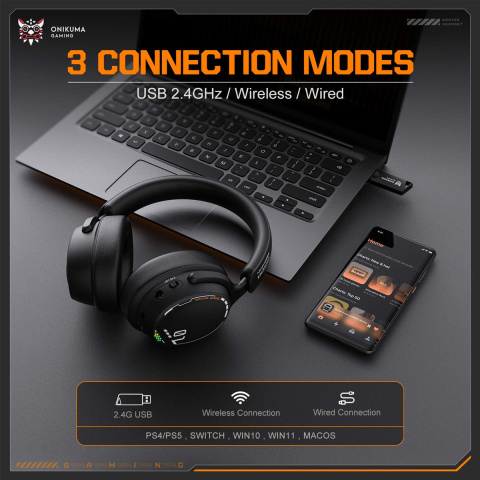 Onikuma GT886 3-Mode vezeték nélküli gamer headset, fekete