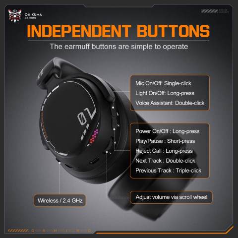 Onikuma GT886 3-Mode vezeték nélküli gamer headset, fekete