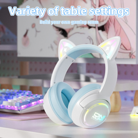 Onikuma GT838 vezeték nélküli cicafüles gamer headset, fehér-kék
