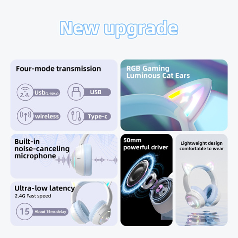 Onikuma GT838 vezeték nélküli cicafüles gamer headset, fehér-kék