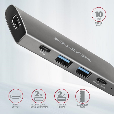Axagon HMC-5G2 5 portos USB3.2. Gen 2 HUB - ezüstfekete