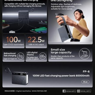 Remax FP-6 Gyorstöltő Powerbank 60000mAh - Kék