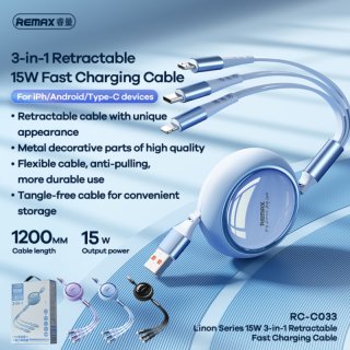 Remax Linon Series 3 in 1 Retractable kábel 15W - Fekete