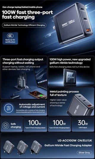 Remax U2 Utazó Gyorstöltő USB-A+USB-C GaN Adapter - 100W