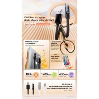 Remax Mecha Series Liquid Silicone Hajlékony USB-A - Type-C gyorstöltő kábel 100W - Fehér