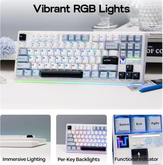 AULA F87 PRO V2 Vezeték Nélküli Mechanikus Gamer Billentyűzet - Fehér-Kék