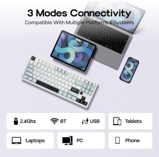 AULA F87 PRO V2 Vezeték Nélküli Mechanikus Gamer Billentyűzet - Fehér-Kék