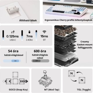 AULA F87 PRO V2 Vezeték Nélküli Mechanikus Gamer Billentyűzet - Fehér-Kék