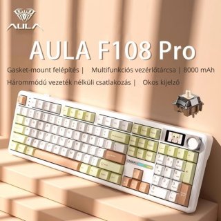 AULA F108 PRO Tri-Mode Vezeték Nélküli Mechanikus Gamer Billentyűzet - Sárga-Fehér