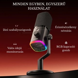 MAONO PD100WS Vezeték Nélküli Streamer Mikrofon RGB + Tartókar Kit- Fekete
