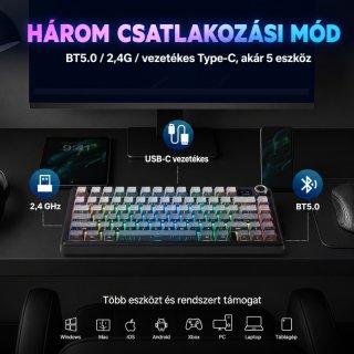 AULA F75 Max Vezeték Nélküli Mechanikus Gamer Billentyűzet - Fekete Contour