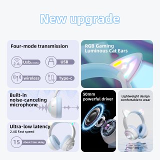 Onikuma GT838 vezeték nélküli cicafüles gamer headset, fehér-kék